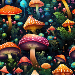 Colorful mushrooms in magical forest seamless pattern. Funny mushroom print for textile, packaging, wallpaper and design, illustration