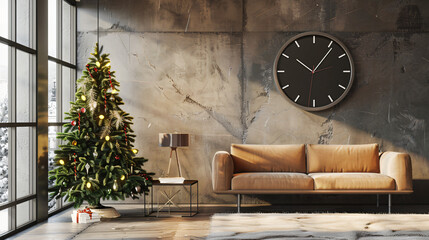 Stylish interior with Christmas tree and black clock 