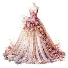 Delicate wedding dress in flowers on mannequin watercolor illustration. Beautiful festive women's outfit, decorated with pink flowers