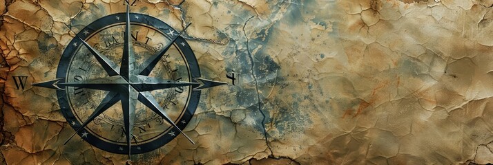 Fading ink lines marking longitude and latitude on a weathered parchment backdrop, framing a compass rose and elegant embellishments