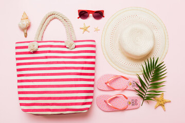 Composition with stylish beach accessories on colored background, top view. Beach fashion flat lay,...