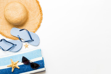 Top view travel or vacation concept. Composition with stylish beach accessories on colored background, top view. Beach fashion flat lay, summer concept. Trendy colors