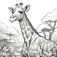 Illustration of giraffe in Africa coloring page. Black outline animal with flowers, herbs and trees