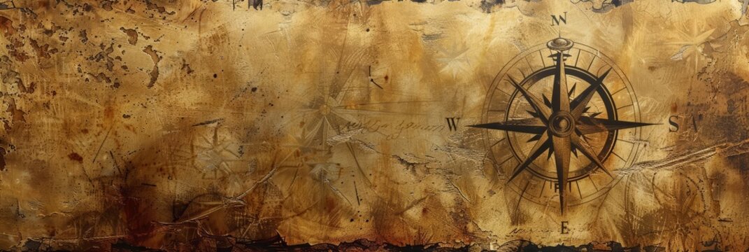 Fading ink lines marking longitude and latitude on a weathered parchment backdrop, framing a compass rose and elegant embellishments