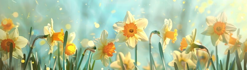 Golden daffodils sway gently under a spring sun, their cheerful faces heralding the dawn of new beginnings, background concept