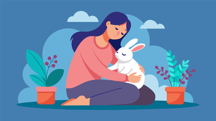 An overwhelmed mother takes a break from her hectic household to snuggle with her therapy rabbit feeling a sense of peace and rejuvenation in the.