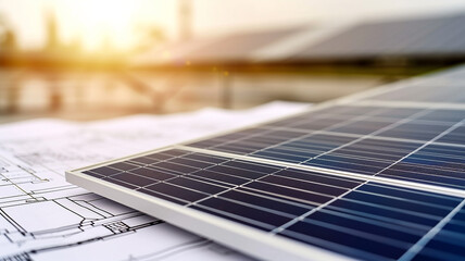 Fototapeta premium Construction project on the background of solar batteries, image of green energy