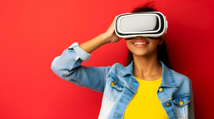 Young woman wearing virtual reality (VR) goggles. Red background. Copy space.