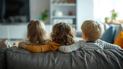 Children watching TV at home on the sofa, rear view