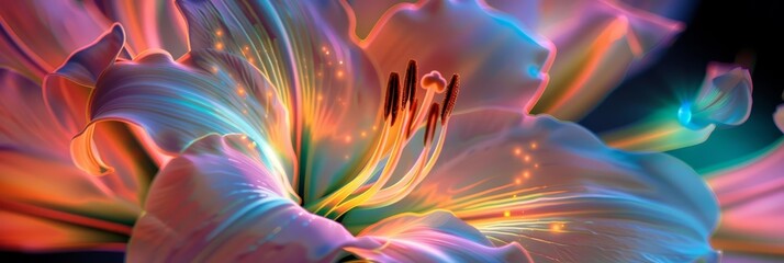 Lilies are transformed into holographic displays, their stamens projecting soft, multicolored light patterns, a merger of flora and technology in a macro concept