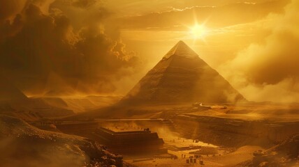 A desert scene with a large pyramid in the background