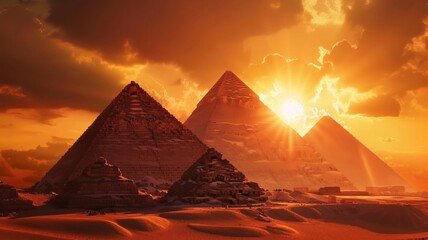 The sun is shining on the pyramids of Egypt, creating a warm