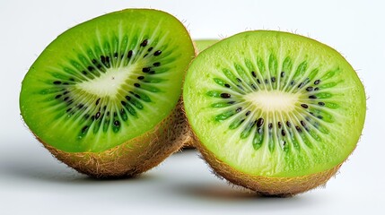 A Close-Up View of a Freshly Cut, Juicy Kiwi Fruit Revealing its Vibrant Green Flesh and Black Seeds”