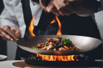 'chef hands keep wok fire closeup cook food cooking kitchen pan asian thai hard professional flipping toss hand fries hold burn vegetable tossing iron hot epicure gas eatery chinese tasty roast'