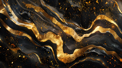 Three-dimensional dark golden and black marble background. Generative AI.