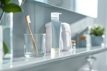 A bathroom shelf with a toothbrush, a glass, and a tube of toothpaste