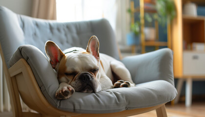 Relaxed French Bulldog Sleeping Peacefully on a Modern Chair in a Bright, Sunlit Room
