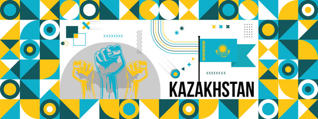 Flag and map of Kazakhstan with raised fists. National day or Independence day design for Counrty celebration. Modern retro design with abstract icons. Vector illustration.