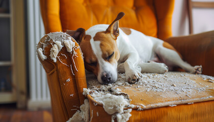 Tired Dog Resting After Tearing Apart an Orange Sofa Cushion, Pieces of Foam Scattered

