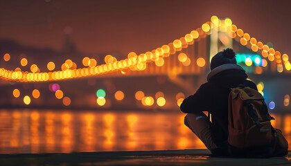 Solitary Traveler Sitting by Waterfront Contemplating the Night Illuminated by Bokeh Lights
