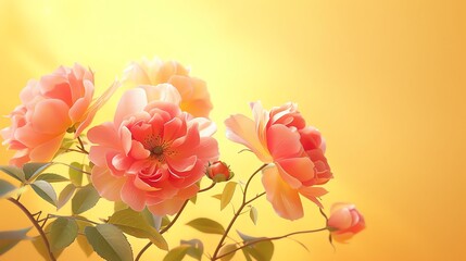 Delicate pink Chinese rose, golden yellow matte background, cultural insights magazine cover, warm afternoon lighting, eyelevel shot