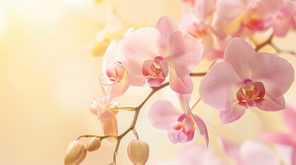 Delicate pink orchid rose, pastel yellow matte background, spring beauty magazine cover, warm morning lighting, eyelevel shot