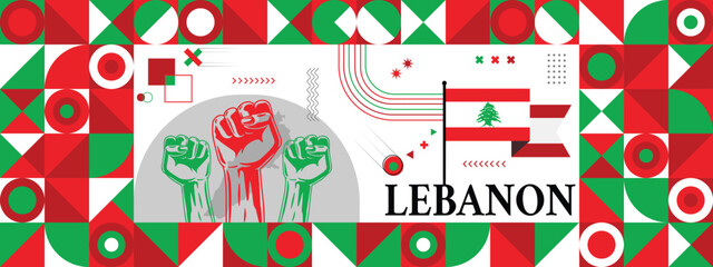 Flag and map of Lebanon with raised fists. National day or Independence day design for Counrty celebration. Modern retro design with abstract icons. Vector illustration.