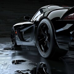 A black sports car is parked on a wet road
