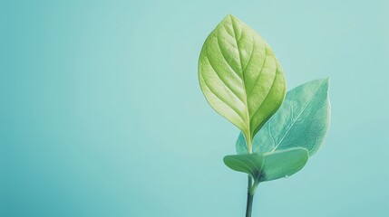 Fresh green cover leaf, pastel blue matte background, spring gardening magazine cover, gentle morning lighting, eyelevel shot