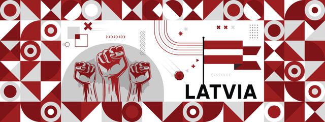 Flag and map of Latvia with raised fists. National day or Independence day design for Counrty celebration. Modern retro design with abstract icons. Vector illustration.