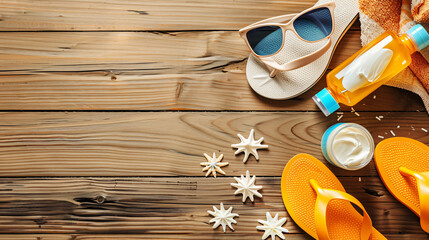 Sunglasses with flip flops and bottle of sunscreen 