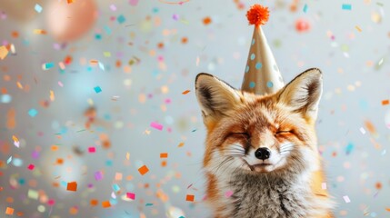 Fototapeta premium Cheerful fox wearing a party hat with colorful confetti falling.