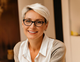 portrait of a beautiful smiling 50 year old woman with white fashion short hair happy cute lady