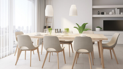 Cozy light dining room, modern interior design with dining table