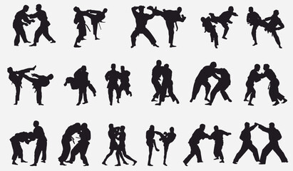 mix martial arts, Kungfu, boxing, karate, kick boxing, jujitsu, taekwondo, sumo, mauy thai. Silhouette vector illustration.	