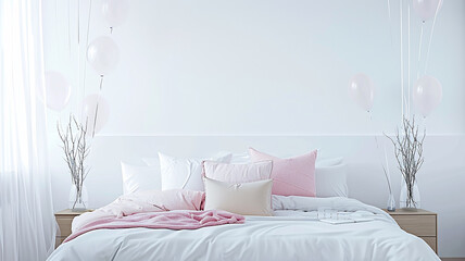 Cozy white bedroom decorated with balloons, festive bedroom decoration