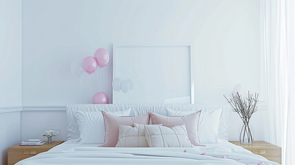Cozy white bedroom decorated with balloons, festive bedroom decoration