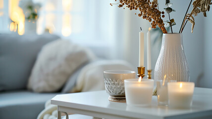 Burning candles in a cozy room interior in light beige colors in daylight