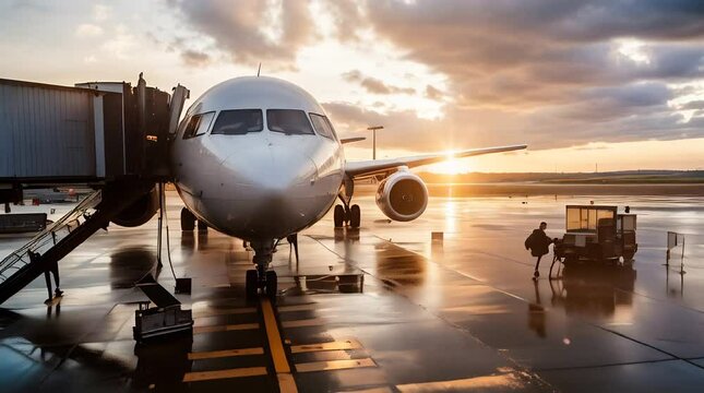 airplane in the airport, Passengers boarding an airplane at sunset, with the front view of the aircraft connected to the jet bridge, and people with luggage walking on the tarmac.