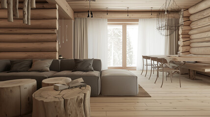 Cozy light interior in a wooden log house in country style