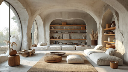 Cozy light cave apartment with panoramic windows, modern interior design of the room in a primitive style