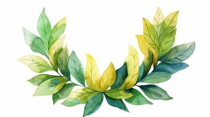 Green yellow gradation, round-shaped plant leaves, bay leaves, watercolor illustrations - obrazy, fototapety, plakaty