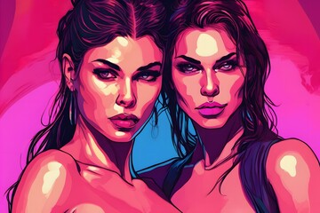 Fototapeta premium A captivating artistic portrayal of a lesbian couple radiating love, intimacy, and connection, celebrating diversity and romance.