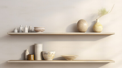 Simple wooden shelves with pottery on a light wall background