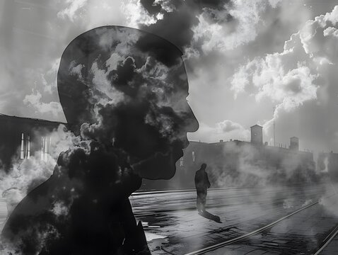 Stormy Smoke Suit: A woman braves the elements amidst billowing smoke, embodying resilience and determination in a city engulfed in flames