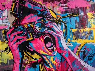 Urban wall art with colorful graffiti designs