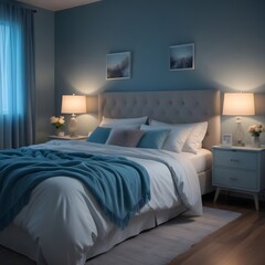 Warm, cozy, blue and cream bedroom with romantic lamp lit lighting.