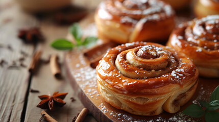 Sweet cinnamon buns on table closeup