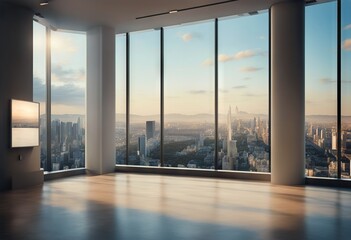 panoramic windows Rendering Exhibition view wall concept city gallery 3D interior place Modern mock