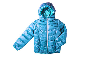 Winter jacket isolated. A stylish blue warm down jacket with for the kids isolated on a white...